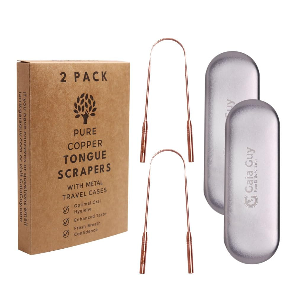 Copper Tongue Scraper with Metal Case - 2 Pack - Plastic Free Tongue Scrapers for Adults, Tongue Cleaner for Oral Care & Hygiene